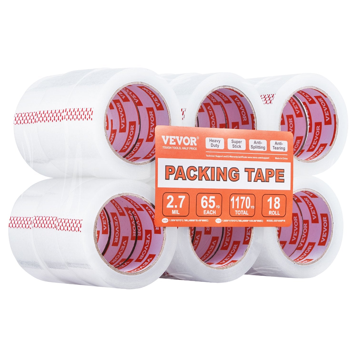 Packing Tape 18 Rolls 65 Yards Heavy Duty Clear Packing Tapes 2.7 Mil V952-3YCXFXJDTM18YGD8MV0