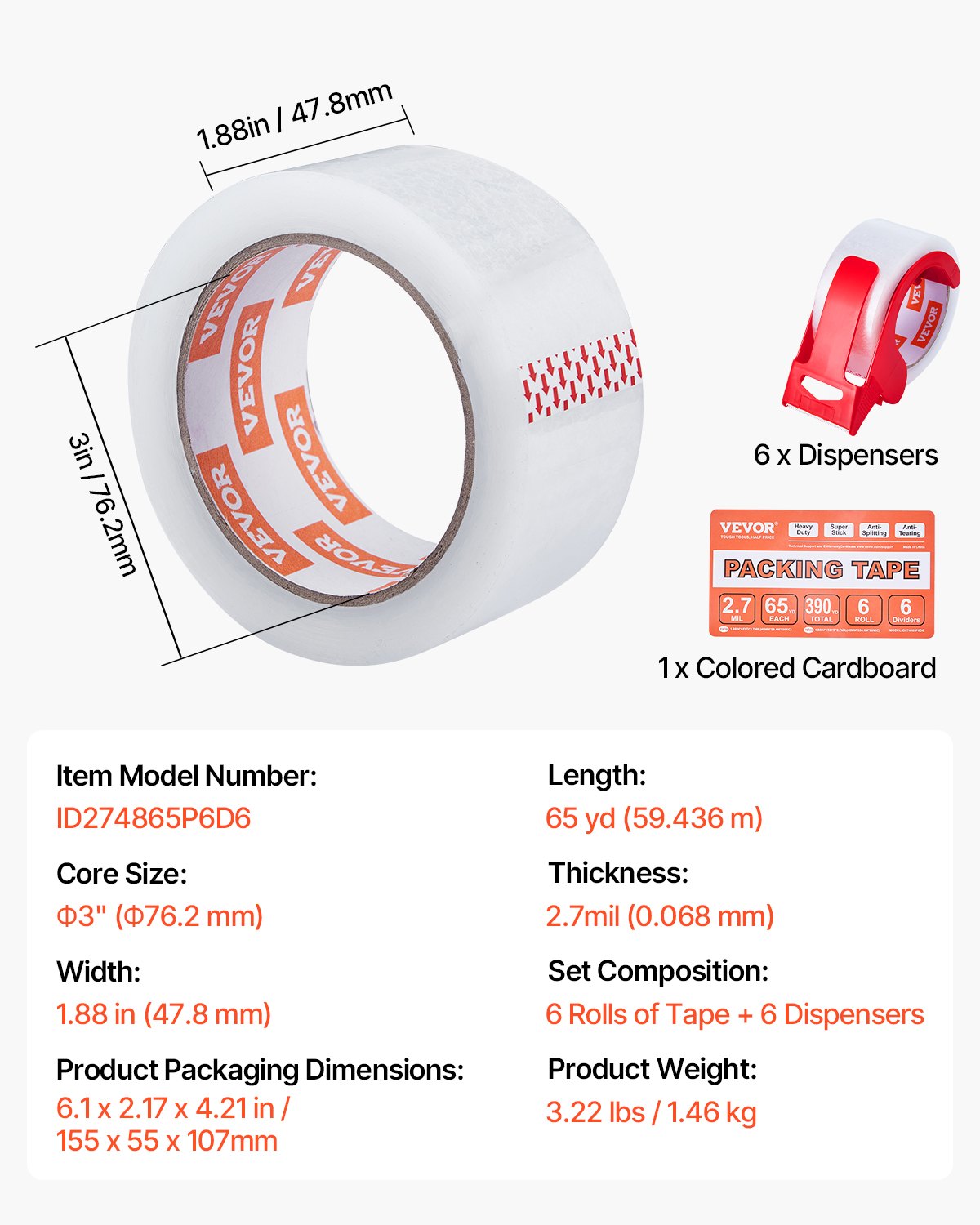 Packing Tape 6 Rolls 65 Yards Clear Shipping Tape with Dispenser 2.7 Mil V952-3YCXFXJDTM6G2L8SQV0
