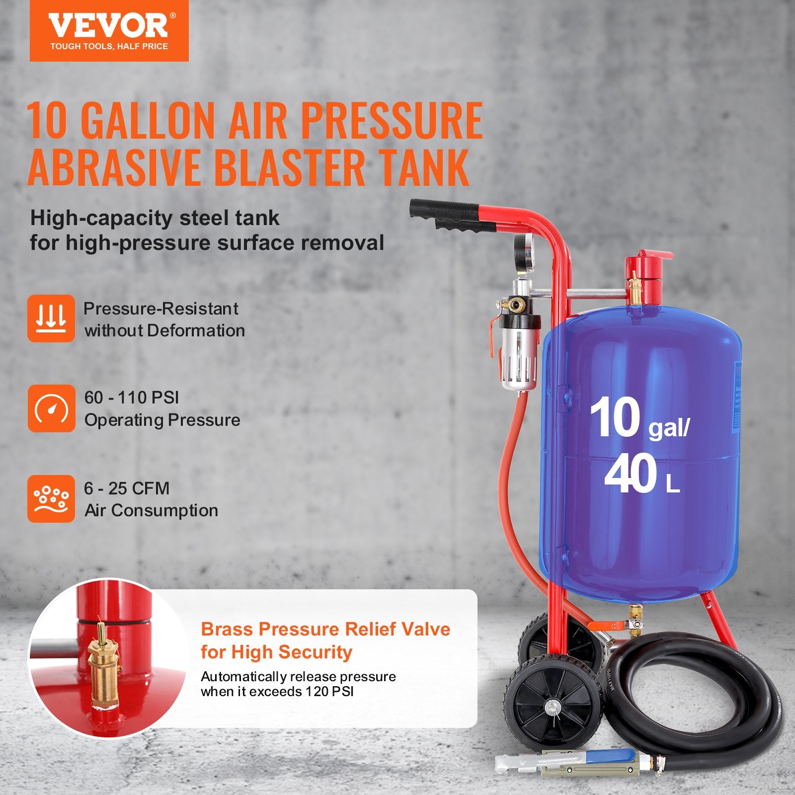 10Gal/40L Sandblaster Equipped w/Nozzle Shut-Off Valve Pressure Gauge Ceramic Nozzle Rubber Wheels Grit Power V952-40LPSJ00000000001V0