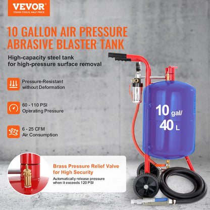 10Gal/40L Sandblaster Equipped w/Nozzle Shut-Off Valve Pressure Gauge Ceramic Nozzle Rubber Wheels Grit Power V952-40LPSJ00000000001V0