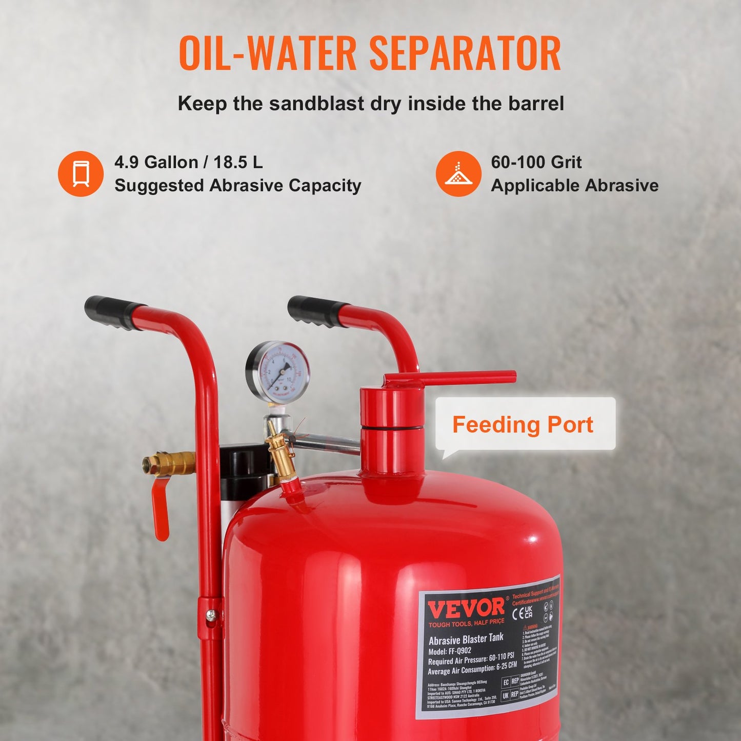 10Gal/40L Sandblaster Equipped w/Nozzle Shut-Off Valve Pressure Gauge Ceramic Nozzle Rubber Wheels Grit Power V952-40LPSJ00000000001V0