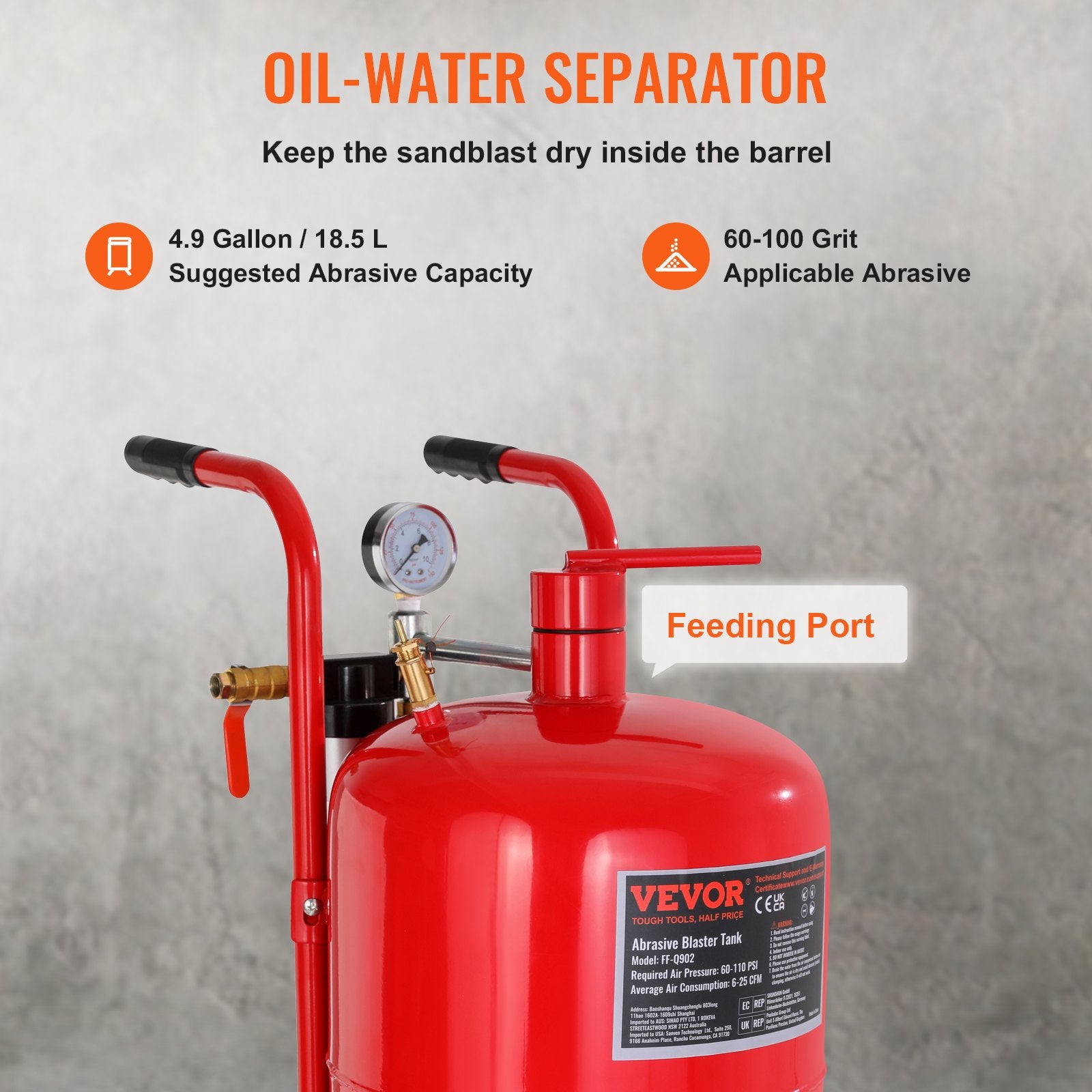 10Gal/40L Sandblaster Equipped w/Nozzle Shut-Off Valve Pressure Gauge Ceramic Nozzle Rubber Wheels Grit Power V952-40LPSJ00000000001V0