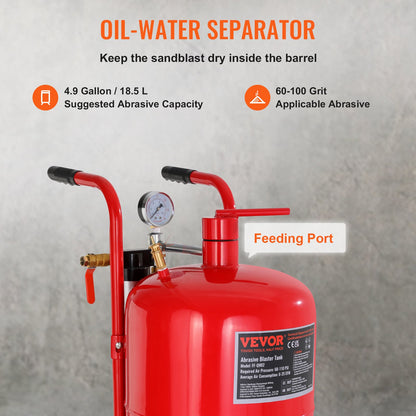 10Gal/40L Sandblaster Equipped w/Nozzle Shut-Off Valve Pressure Gauge Ceramic Nozzle Rubber Wheels Grit Power V952-40LPSJ00000000001V0
