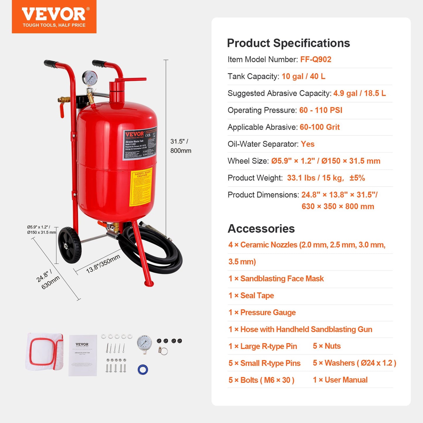 10Gal/40L Sandblaster Equipped w/Nozzle Shut-Off Valve Pressure Gauge Ceramic Nozzle Rubber Wheels Grit Power V952-40LPSJ00000000001V0