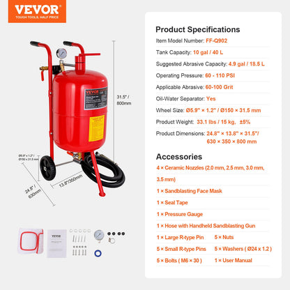 10Gal/40L Sandblaster Equipped w/Nozzle Shut-Off Valve Pressure Gauge Ceramic Nozzle Rubber Wheels Grit Power V952-40LPSJ00000000001V0