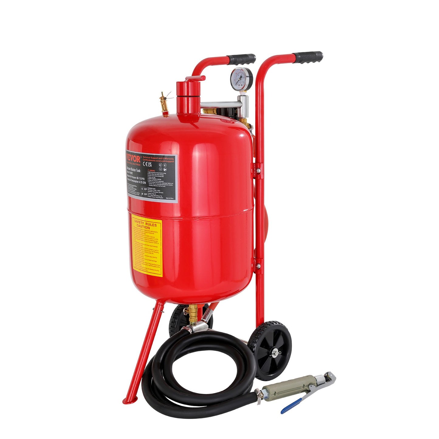 10Gal/40L Sandblaster Equipped w/Nozzle Shut-Off Valve Pressure Gauge Ceramic Nozzle Rubber Wheels Grit Power V952-40LPSJ00000000001V0