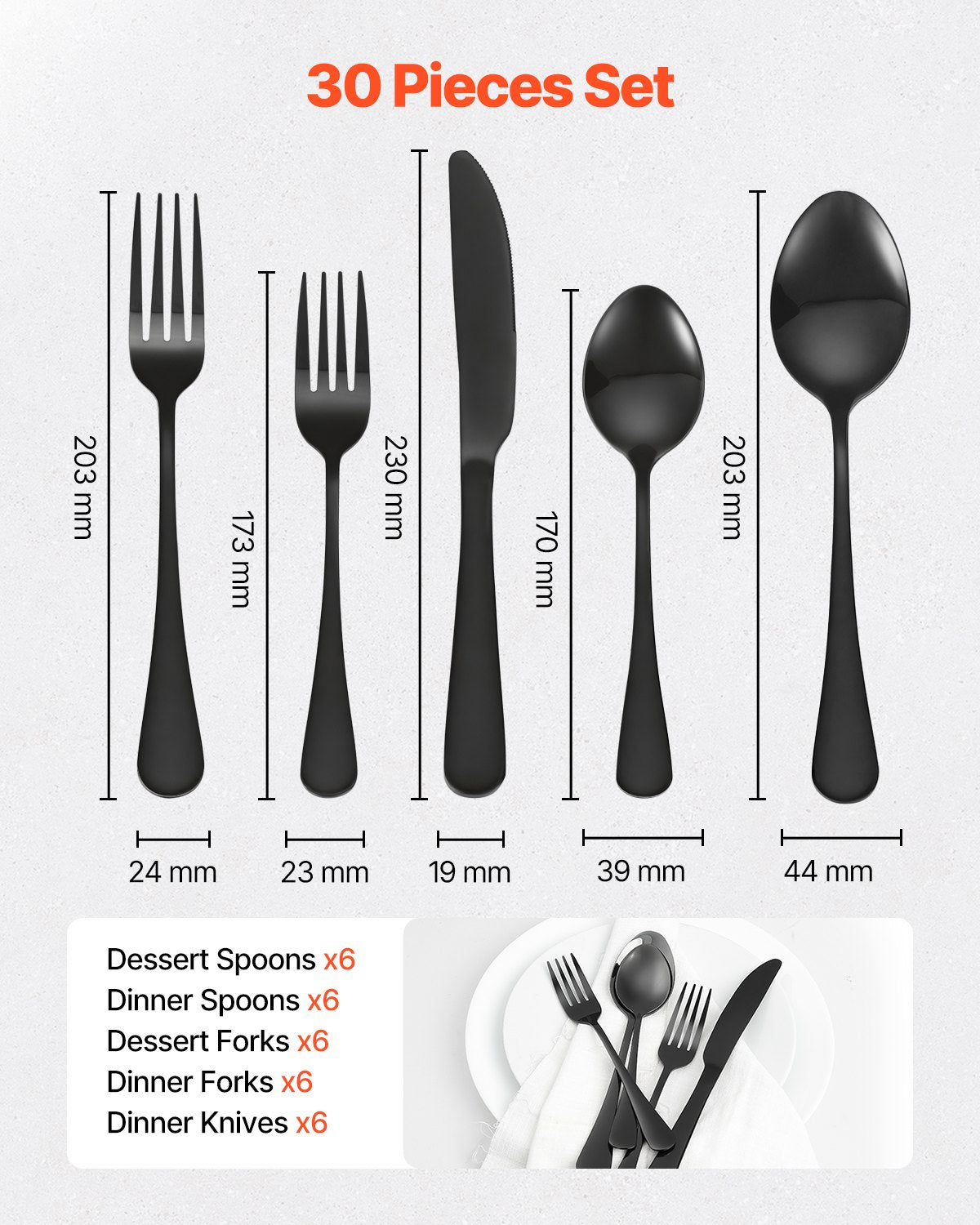30-Piece Black Silverware Set, Food-Grade Stainless Steel Flatware Utensils for 6, Mirror Finished Cutlery V952-430BXGCJTZHSERY1IV0