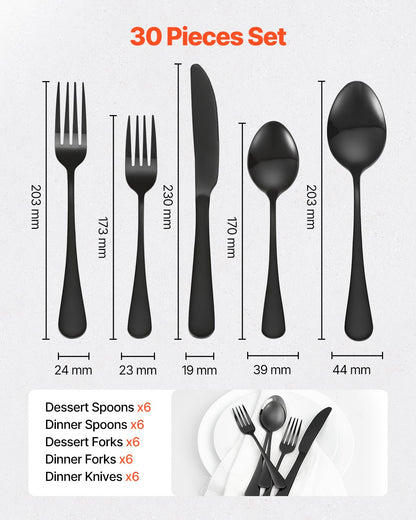 30-Piece Black Silverware Set, Food-Grade Stainless Steel Flatware Utensils for 6, Mirror Finished Cutlery V952-430BXGCJTZHSERY1IV0