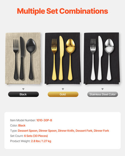 30-Piece Black Silverware Set, Food-Grade Stainless Steel Flatware Utensils for 6, Mirror Finished Cutlery V952-430BXGCJTZHSERY1IV0