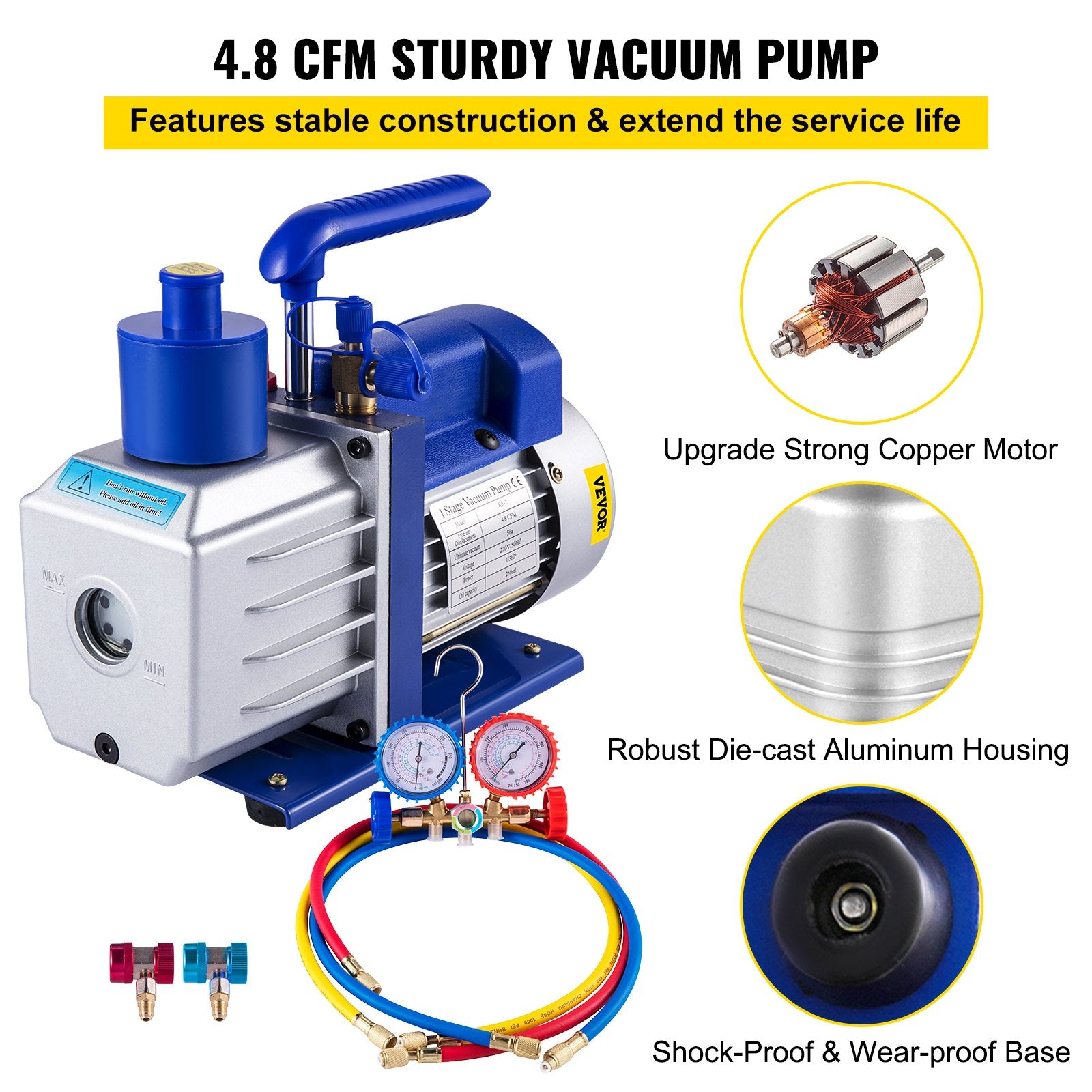 Vacuum Pump 4.8CFM 1/3HP Air Vacuum Pump HVAC A/C Air Refrigerant Rotary Vane Vacuum Pump Single Stage 4 V952-4.8CFM1/3HPZKB3F1V3