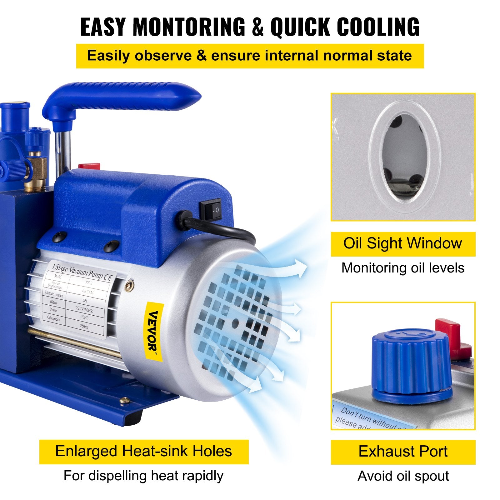 Vacuum Pump 4.8CFM 1/3HP Air Vacuum Pump HVAC A/C Air Refrigerant Rotary Vane Vacuum Pump Single Stage 4 V952-4.8CFM1/3HPZKB3F1V3