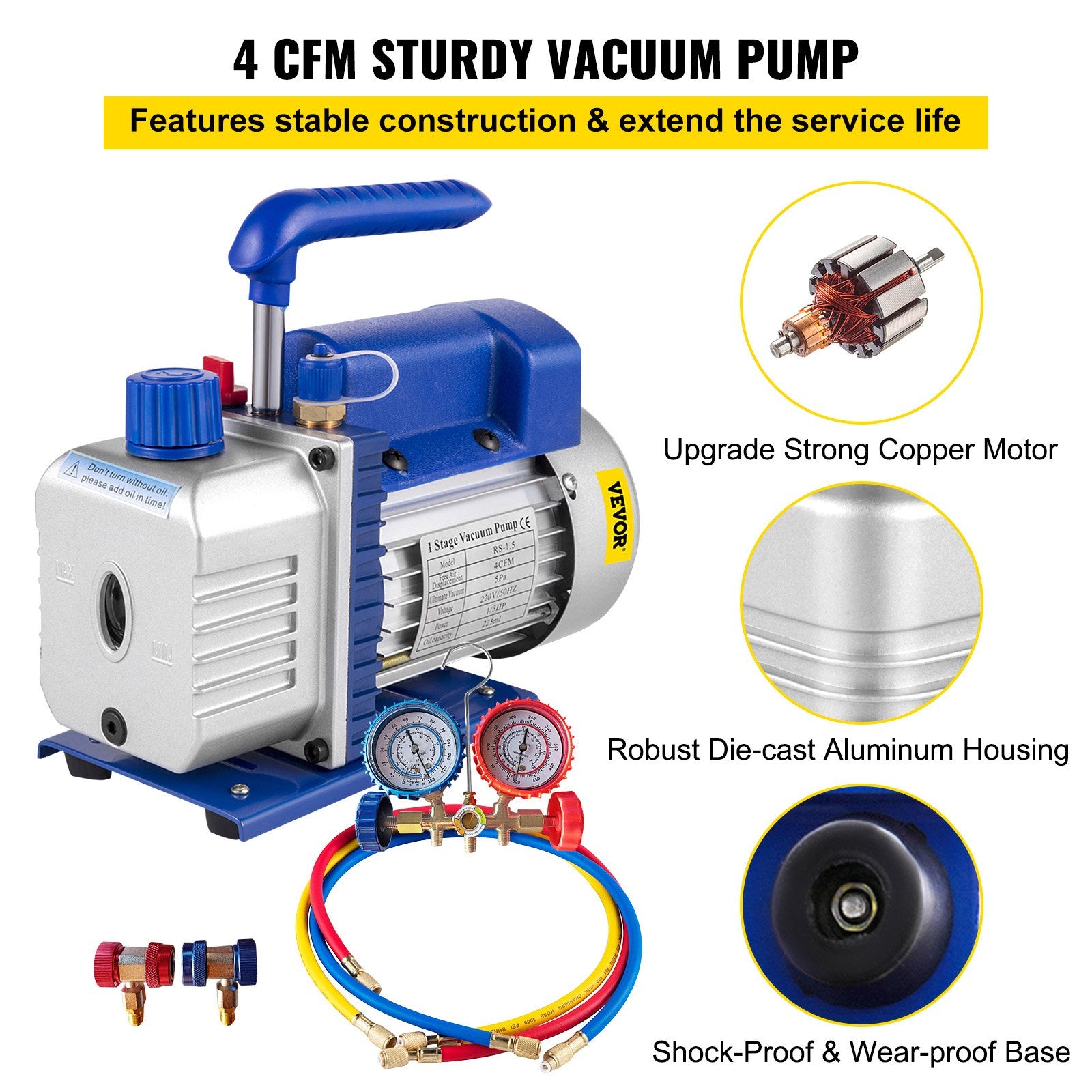 4CFM 1/4HP Rotary Vane Vacuum Pump + R134AManifold Gauge Tester Charging +Hose V952-4CFM1/4HPZKB1F001V3
