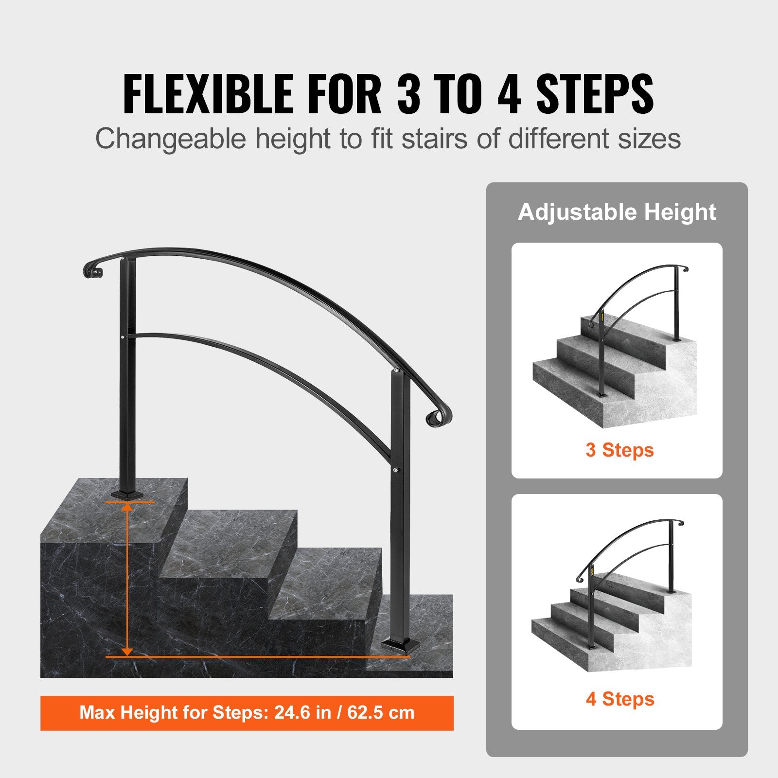 4-Step Handrail Fits 1 or 4 Steps Matte Black Stair Rail Wrought Iron Handrail with Installation Kit Hand V952-4FTHWTYFSBLACK001V0