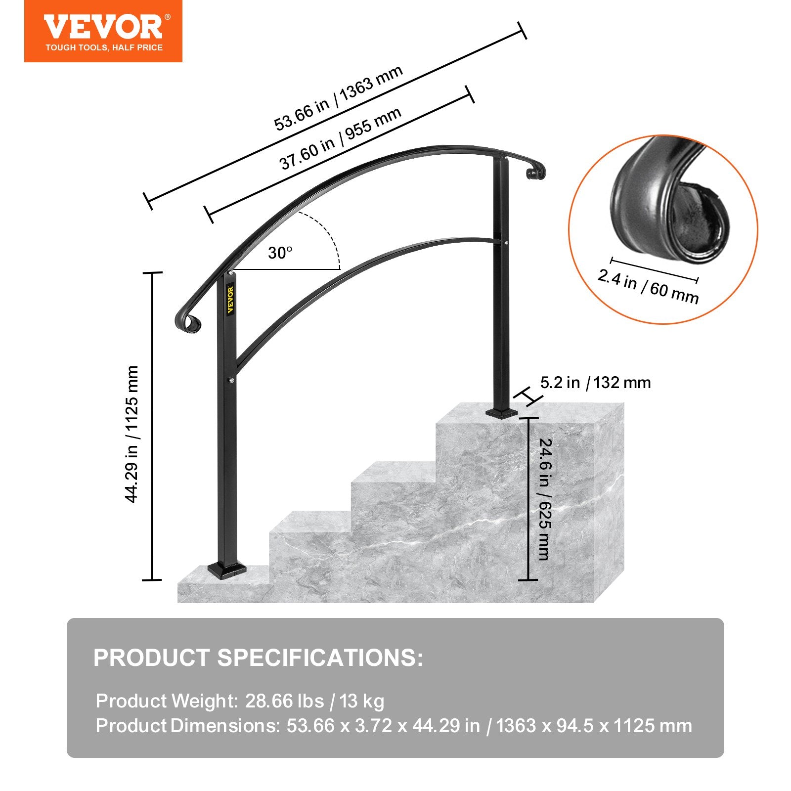 4-Step Handrail Fits 1 or 4 Steps Matte Black Stair Rail Wrought Iron Handrail with Installation Kit Hand V952-4FTHWTYFSBLACK001V0