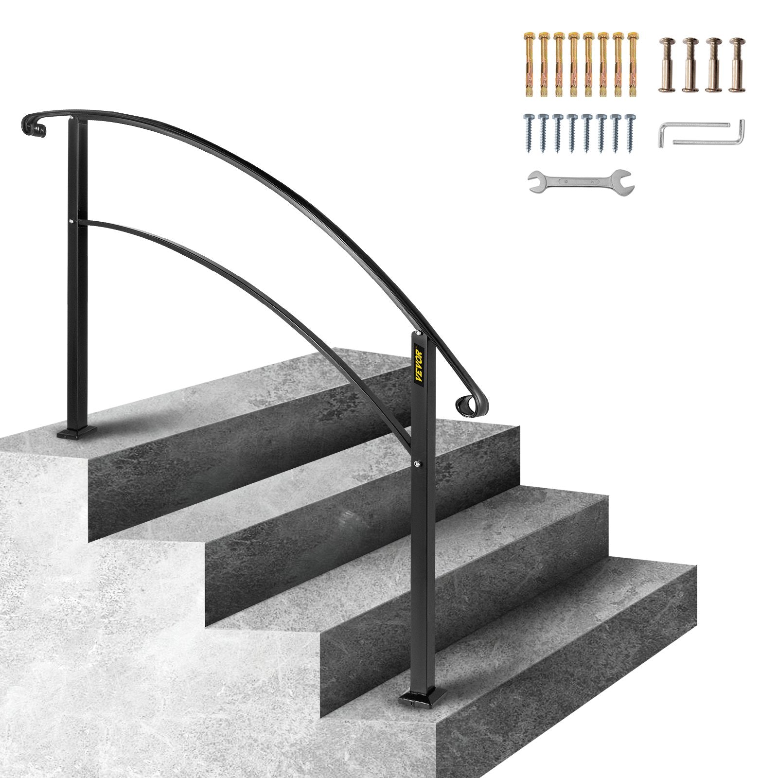 4-Step Handrail Fits 1 or 4 Steps Matte Black Stair Rail Wrought Iron Handrail with Installation Kit Hand V952-4FTHWTYFSBLACK001V0