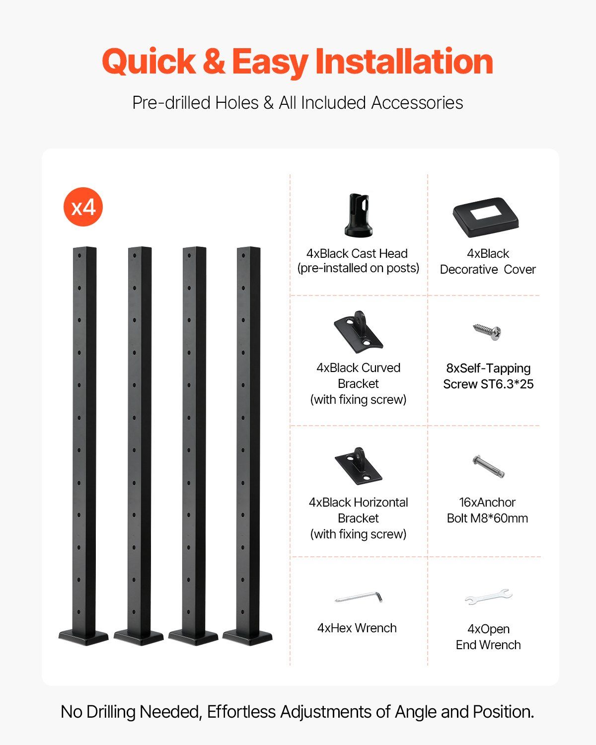 4-Pack Cable Railing Post, 1067x25x50 mm Horizontal-Hole Deck Railing Post with Pre-Drilled Holes, Stainless V952-4JZLGZXHS106REP67001V0