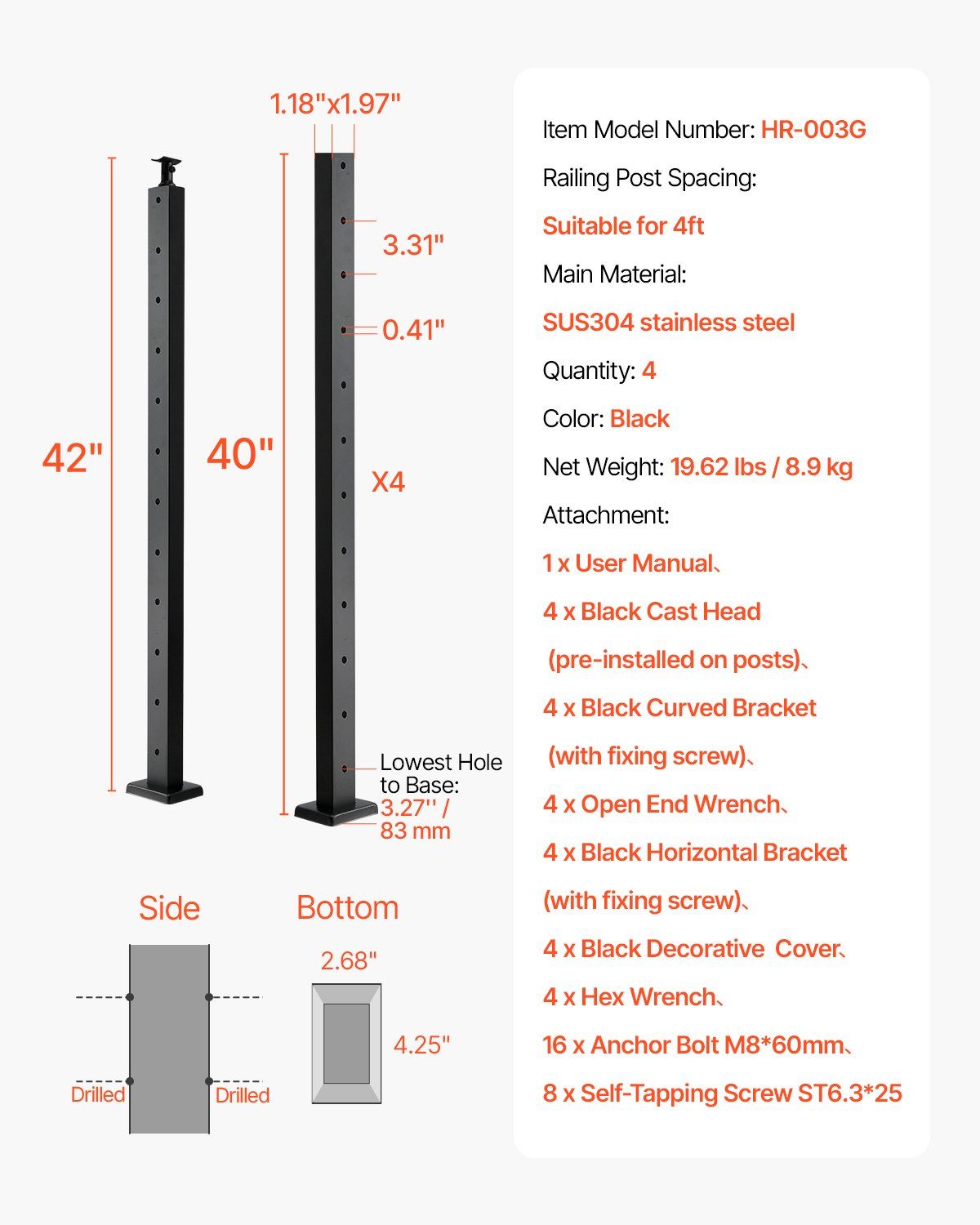4-Pack Cable Railing Post, 1067x25x50 mm Horizontal-Hole Deck Railing Post with Pre-Drilled Holes, Stainless V952-4JZLGZXHS106REP67001V0