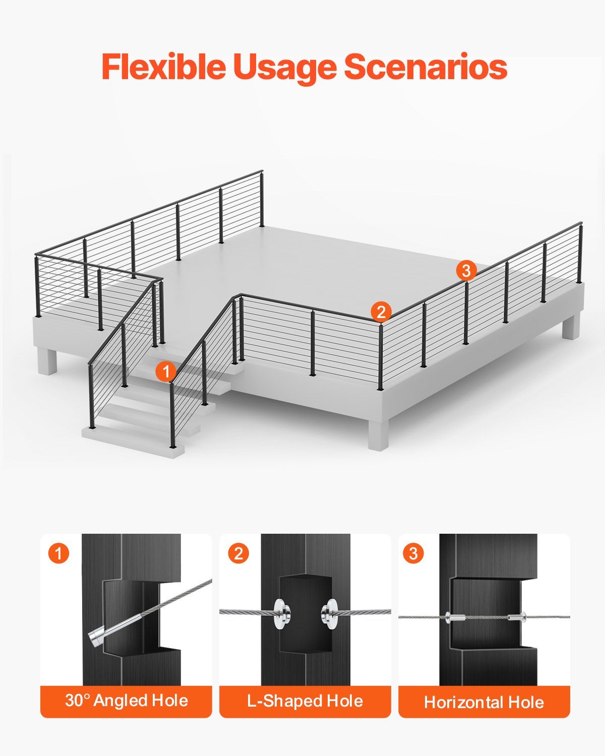 4-Pack Cable Railing Post, 914x25x50 mm Horizontal-Hole Deck Railing Post with Pre-Drilled Holes, Stainless V952-4JZLGZXHS914UUOI6001V0
