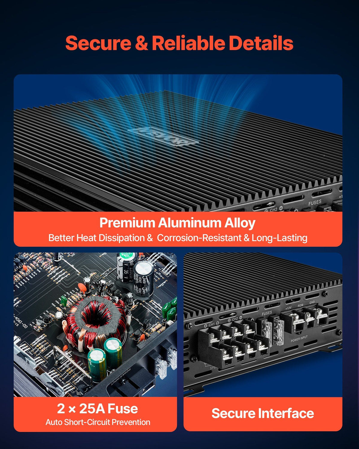 Car Audio Amplifier, 4-Channel Bridgeable Car Amplifier, Multichannel Class AB Stereo Amp, Max. 4 x 200W at 4 V952-4TDABL4X100WHSZA8001V9