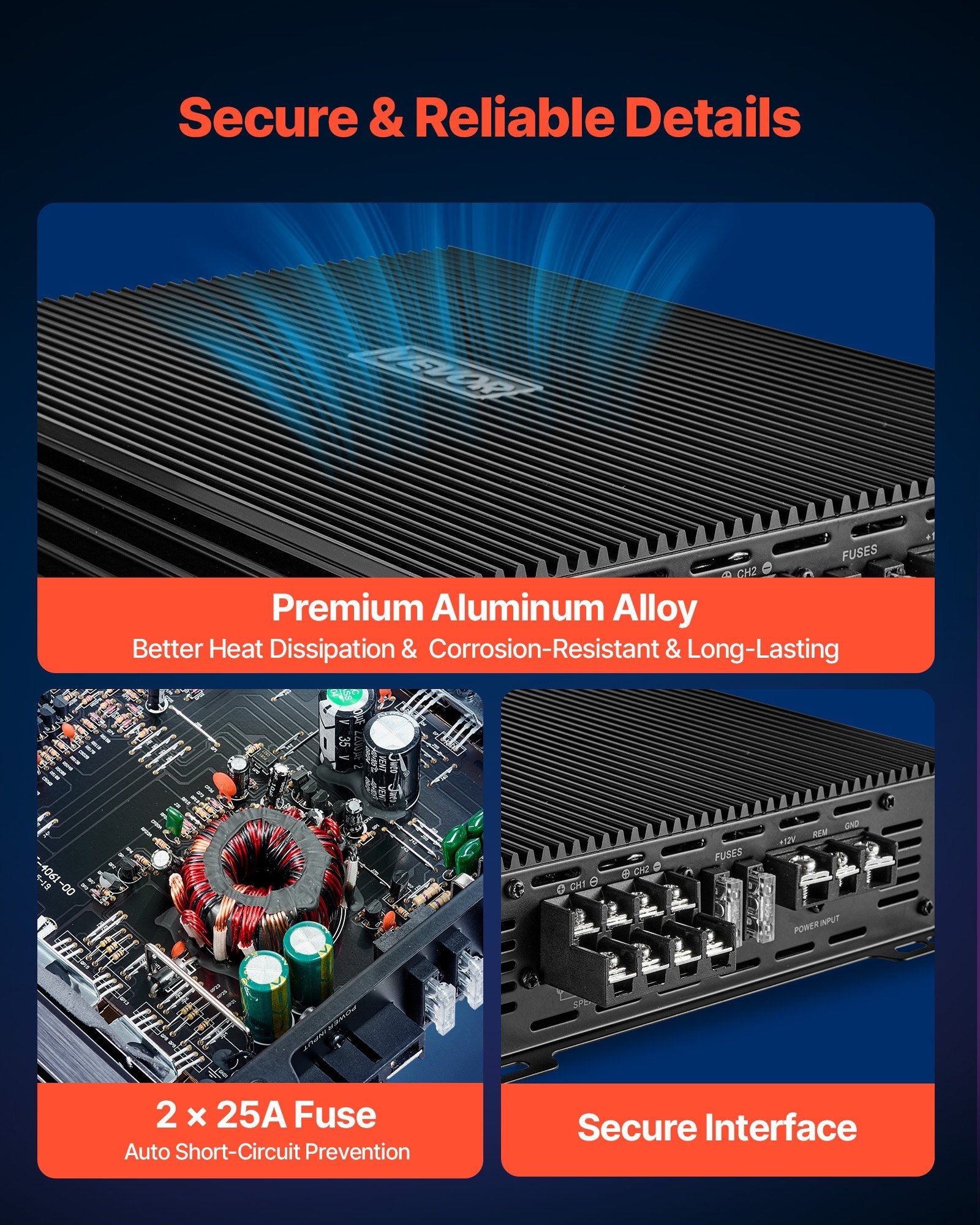 Car Audio Amplifier, 4-Channel Bridgeable Car Amplifier, Multichannel Class AB Stereo Amp, Max. 4 x 200W at 4 V952-4TDABL4X100WHSZA8001V9