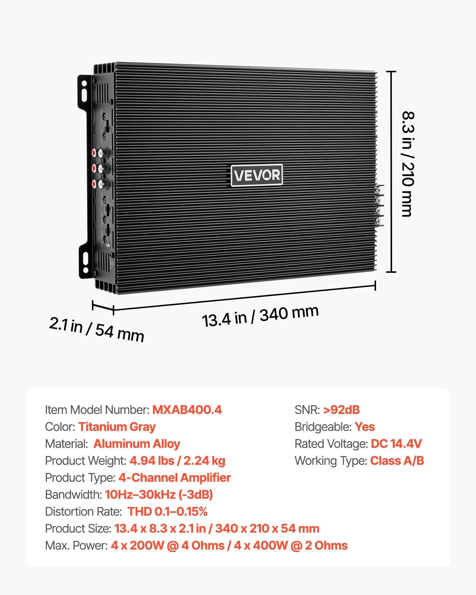 Car Audio Amplifier, 4-Channel Bridgeable Car Amplifier, Multichannel Class AB Stereo Amp, Max. 4 x 200W at 4 V952-4TDABL4X100WHSZA8001V9