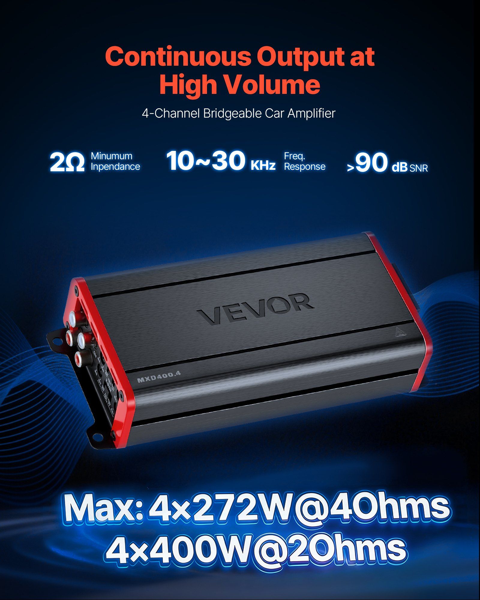 Car Audio Amplifier, 4-Channel Bridgeable Car Amplifier, Multichannel Class D Stereo Amp, Max. 4 x 272W at 4 V952-4TDDL4X200WRNVNK2001V9