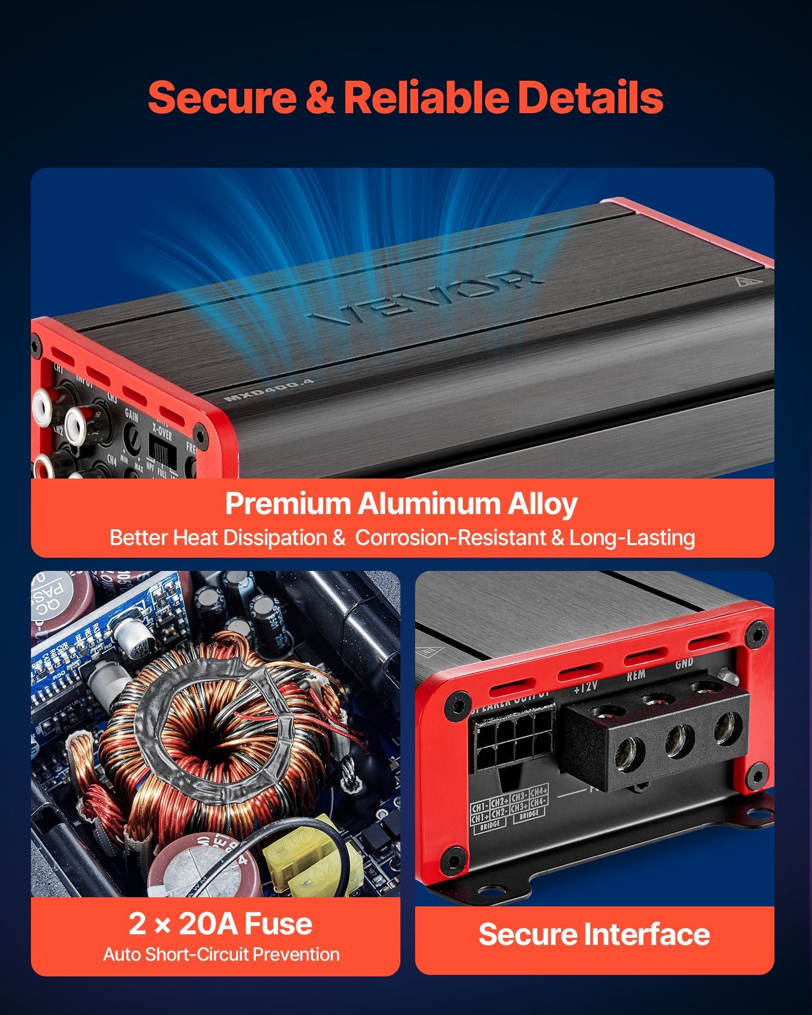 Car Audio Amplifier, 4-Channel Bridgeable Car Amplifier, Multichannel Class D Stereo Amp, Max. 4 x 272W at 4 V952-4TDDL4X200WRNVNK2001V9