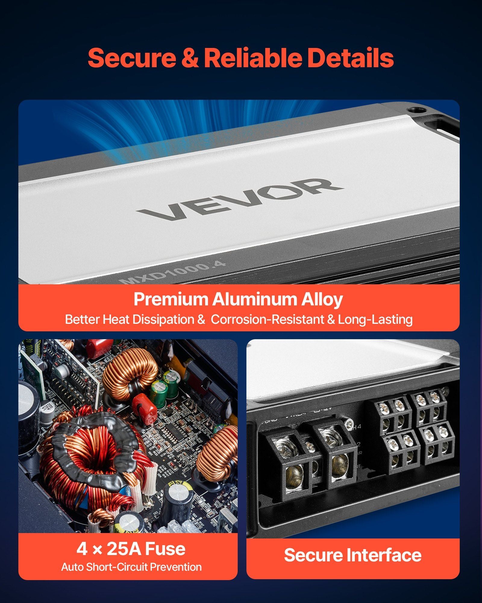 Car Audio Amplifier, 4-Channel Bridgeable Car Amplifier, Multichannel Class D Stereo Amp, Max. 4 x 500W at 4 V952-4TDDL4X500WRFRT2Y001V9