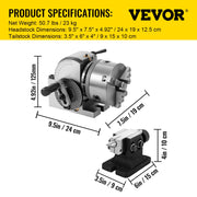 BS-0 Dividing Head 5 Inch, Precision Dividing Head Set with 5" 3-jaw Chuck & Tailstock Dividing Plates for V952-5CFDT000000000001V0