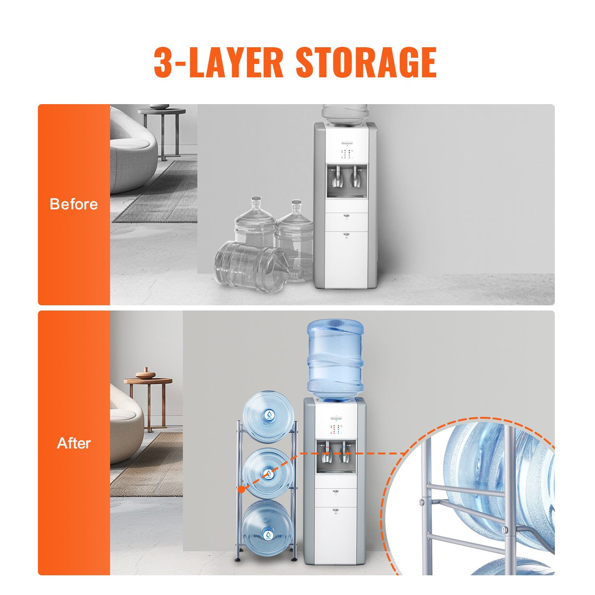 3 Tiers Water Jug Holder, 5 Gallon Water Bottle Holder, Single Row Water Bottle Rack for 3 Bottles, Heavy V952-5JLTZSSTSTZC6X90BV0
