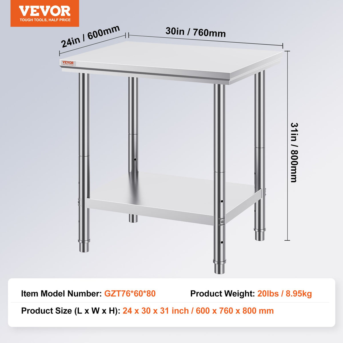 Commercial Worktable & Workstation 24 x 30 x 32 Inch Stainless Steel Work Table Heavy Duty Commercial Food V952-60X76X80CFGZTTZT1V0