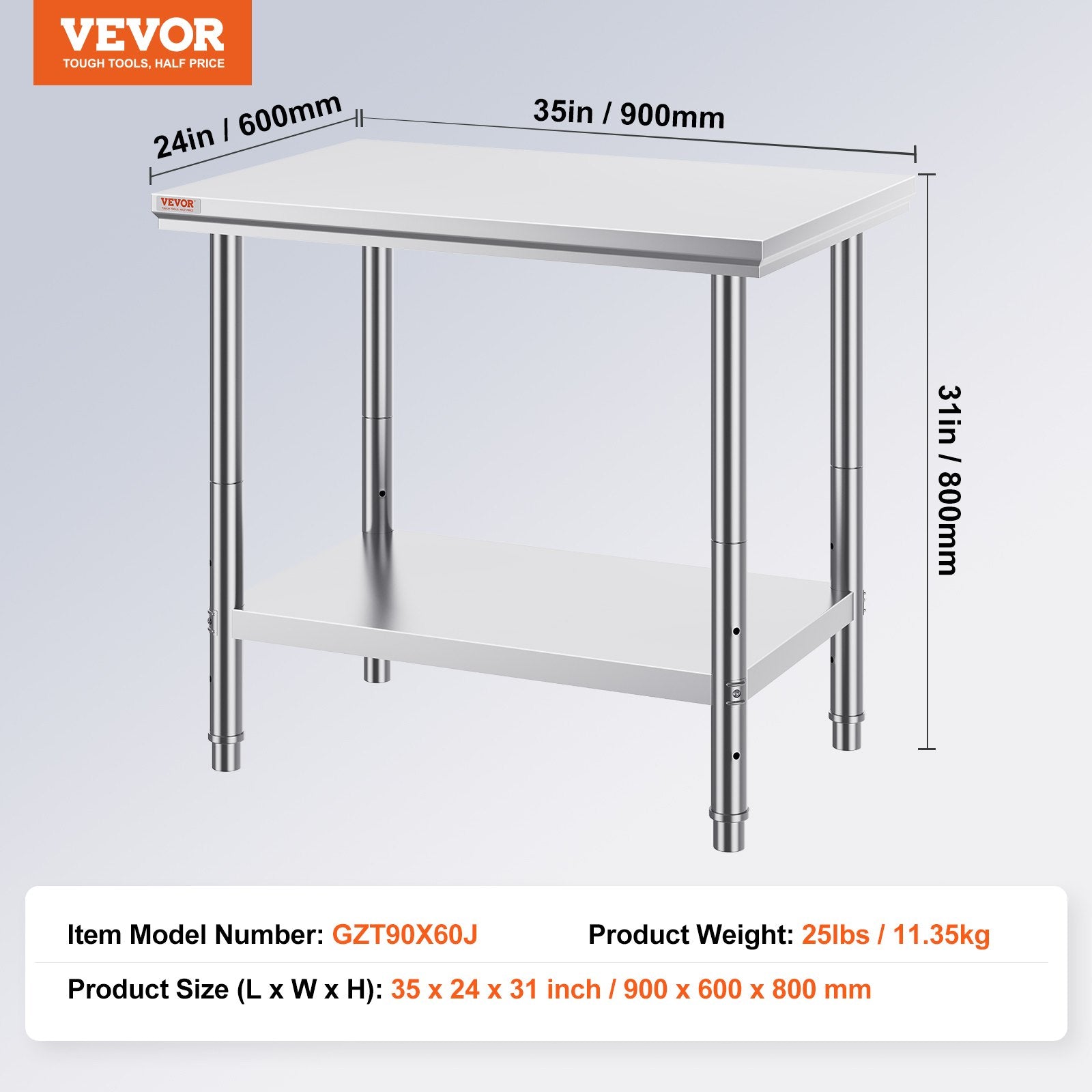 910x610mm Stainless Steel Kitchen Bench Commercial Work Food Prep Table V952-60X90X80CFGZT0001V0