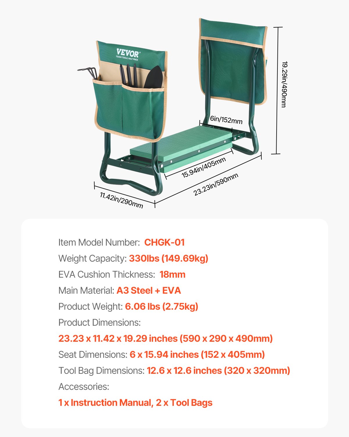 Garden Kneeler and Seat, 6 in Wide Kneeling Pad, Heavy Duty Garden Kneeling Stool, Folding Garden Seat with 2 V952-6YCGDJKZDK2GGCLRN001V0