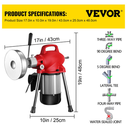 0.75-4 Inch Sectional Pipe Drain Cleaning Machine 400PRM Snake Cleaner Pipe Drain Cleaning Machine with 66 Ft V952-75XGDSTQAB0000001V3