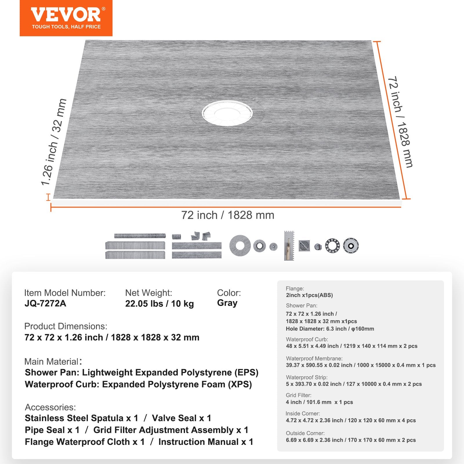 Shower Curb Kit, 1828x1828mm, 72"x72" Shower Pan Kit with 50.8mm ABS Central Flange, 101.6mm Stainless Steel V952-ABSLYTJHSABSAJTFCV0