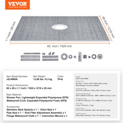 Shower Curb Kit, 1219x1524mm, 60"x48" Shower Pan Kit with 50.8mm ABS Central Flange, Waterproof Membrane, V952-ABSLYTJHSABSQ8MBXV0