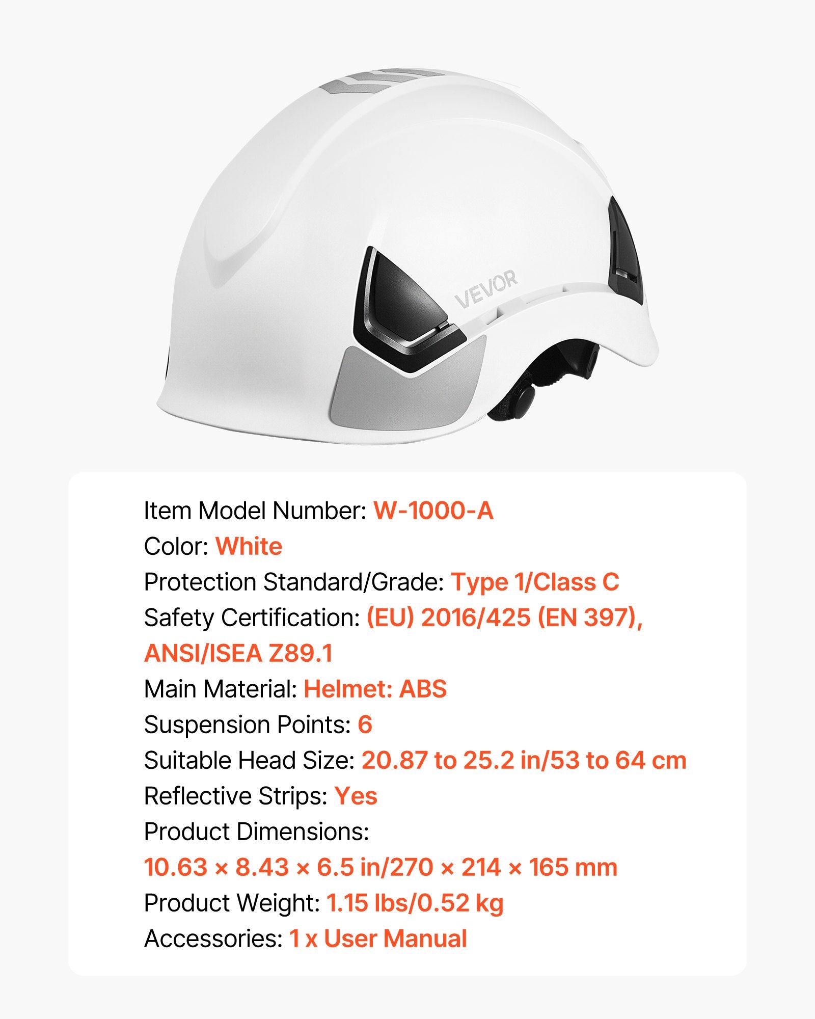 Safety Helmet, ANSI/ISEA Z89.1 Approved ABS Safety Hard Hat with 6-Point Ratchet Suspension, Adjustable V952-AQMANSITYPE127YWH001V0