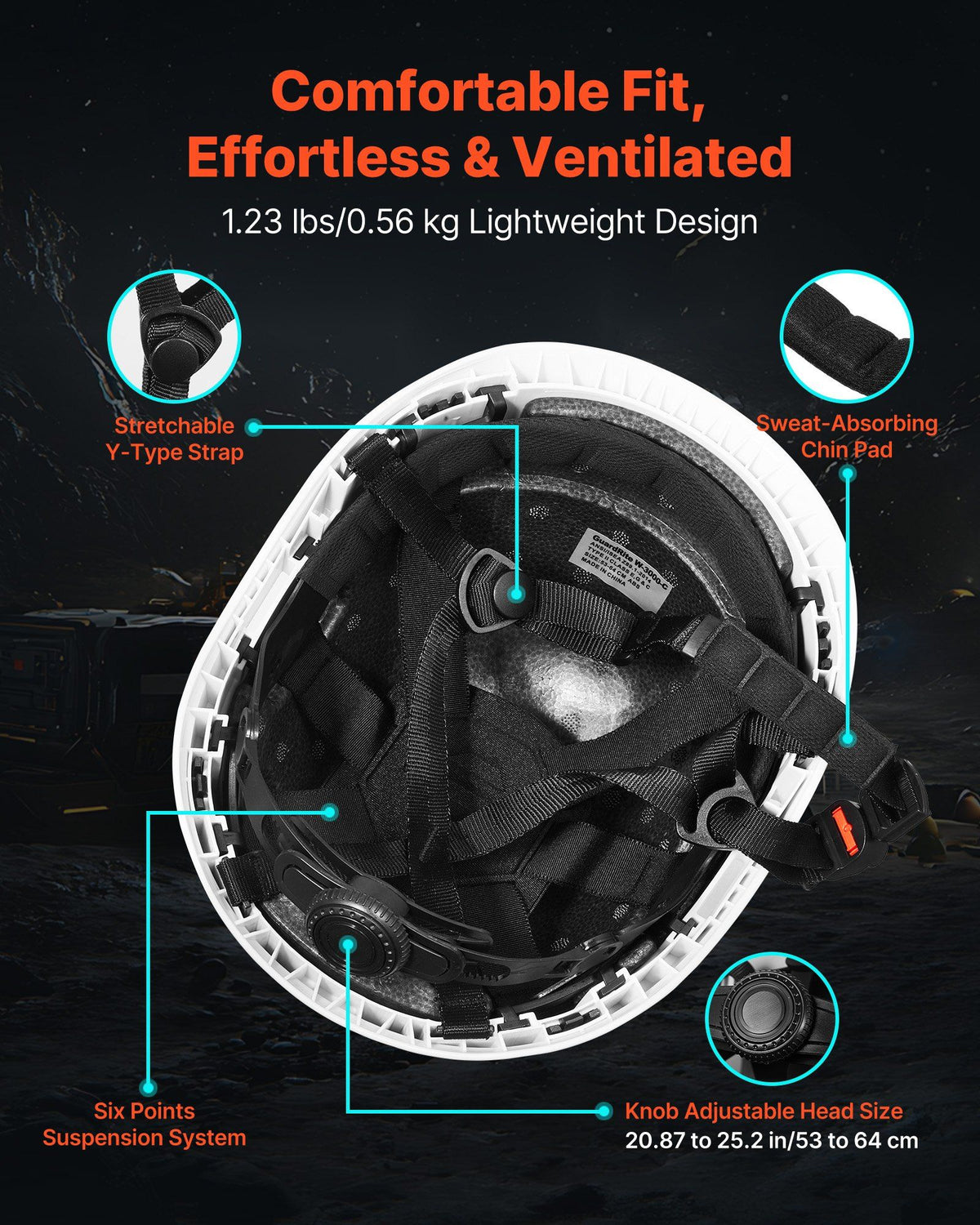 Construction Safety Helmet, ANSI/ISEA Z89.1 Approved ABS Safety Hard Hat with 6-Point Ratchet Suspension, V952-AQMANSITYPE2WZH7S001V0