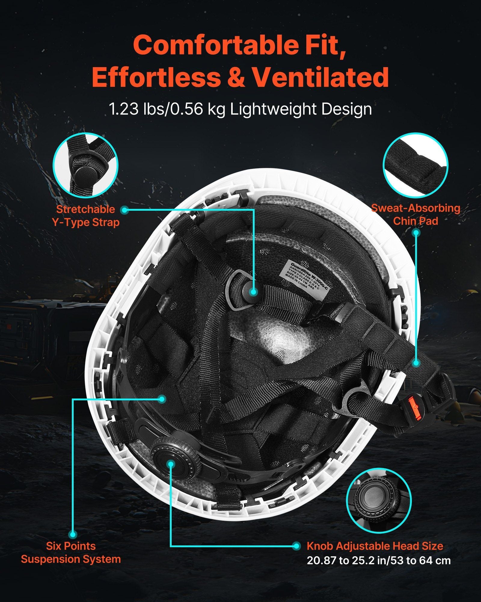 Construction Safety Helmet, ANSI/ISEA Z89.1 Approved ABS Safety Hard Hat with 6-Point Ratchet Suspension, V952-AQMANSITYPE2WZH7S001V0