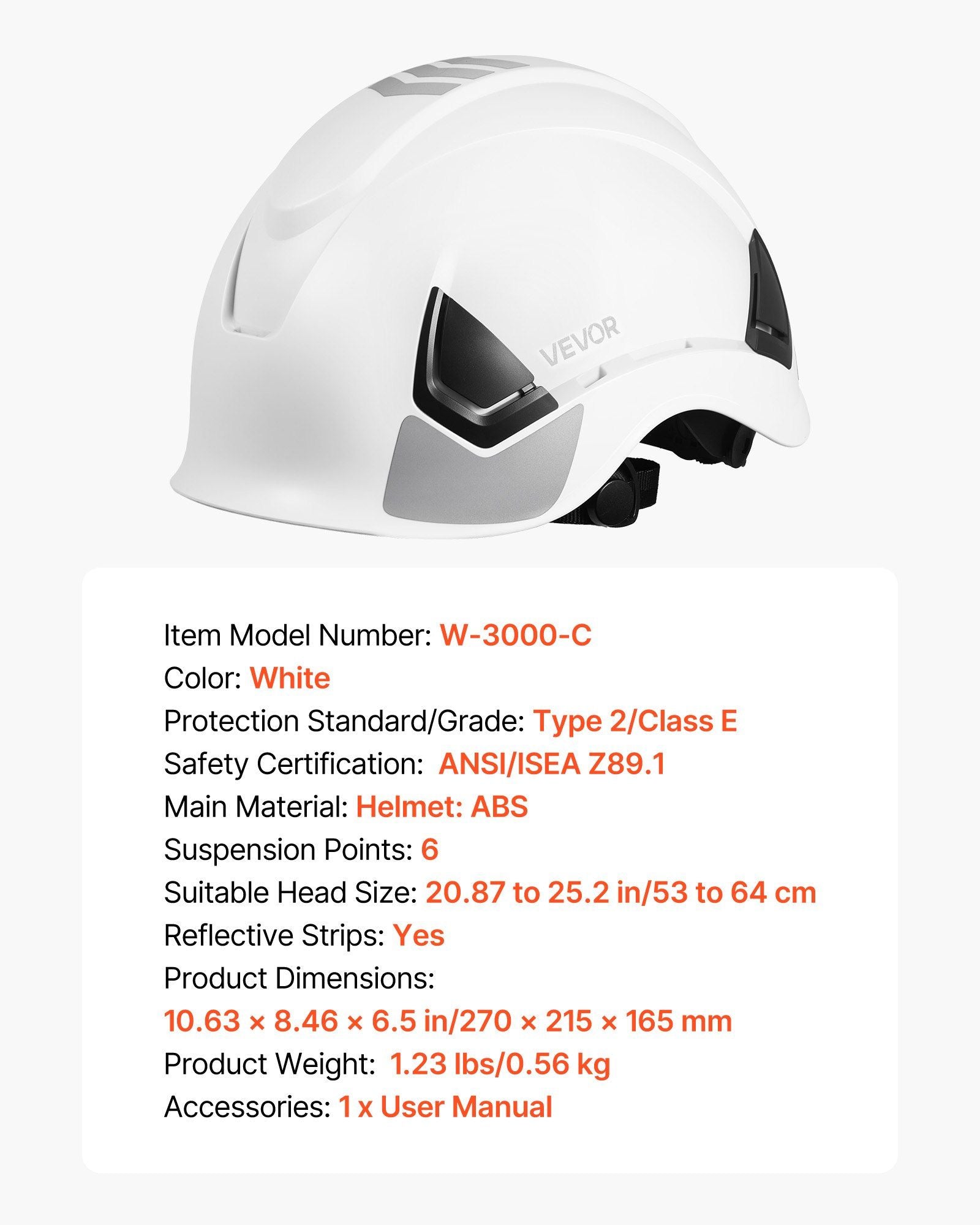 Construction Safety Helmet, ANSI/ISEA Z89.1 Approved ABS Safety Hard Hat with 6-Point Ratchet Suspension, V952-AQMANSITYPE2WZH7S001V0