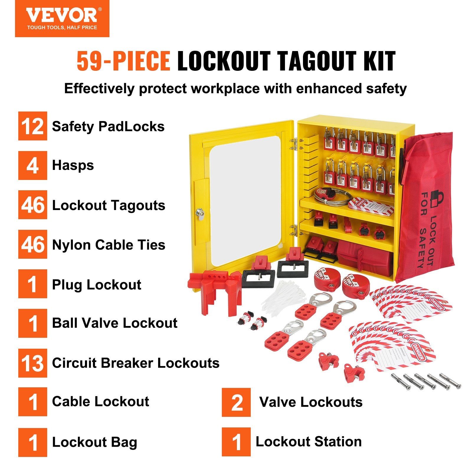 Electrical Lockout Tagout Kit, 59 PCS Safety Lockout Tagout Station With Padlocks, Hasps, Tags, Ties, Plug V952-AQSJTZ59JDGXSQ3W2V0