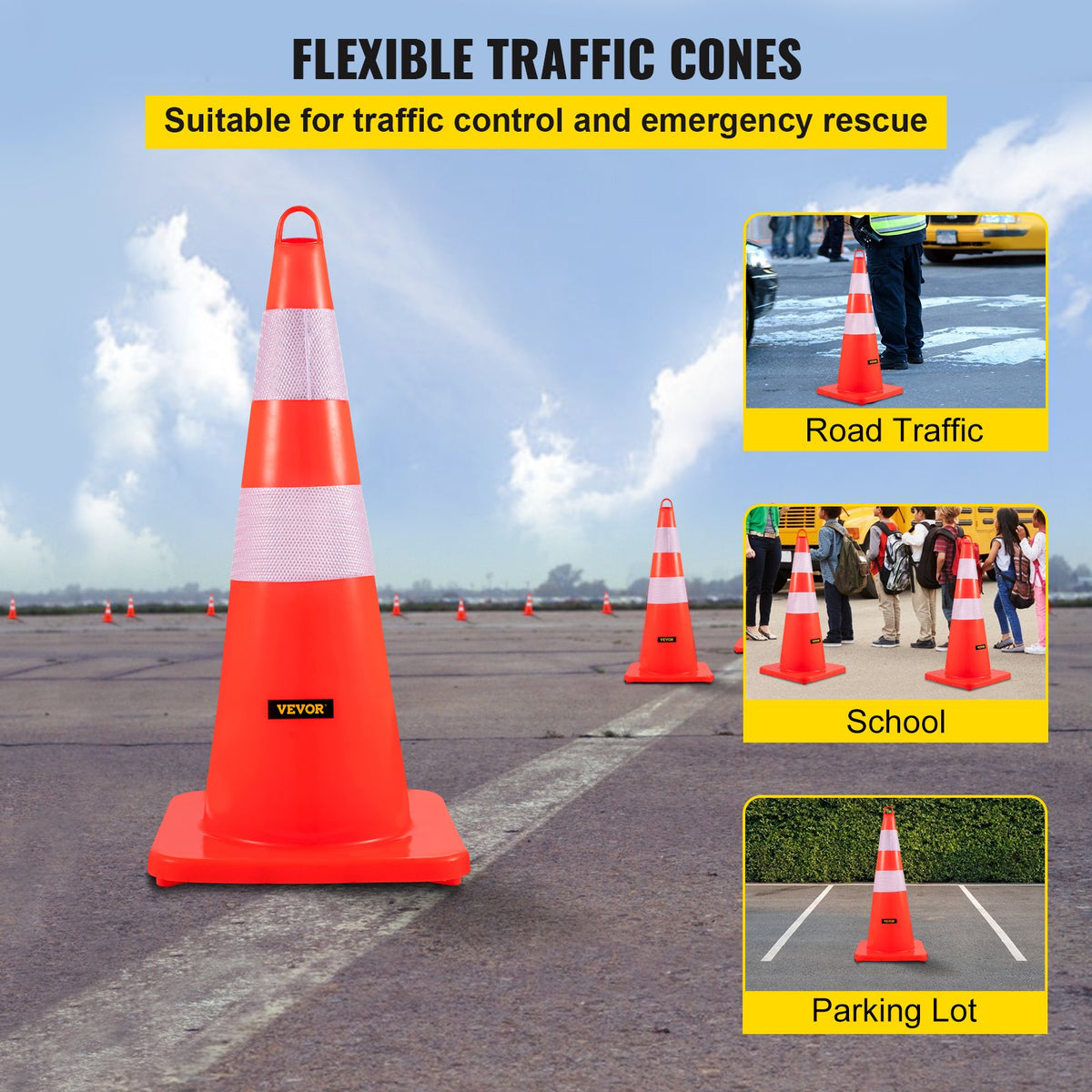 Safety Cones, 10PCS 28"" Traffic Cones, PVC Orange Construction Cones, 2 Reflective Collars Traffic Cones V952-AQZYCQHSB2810FZ5BV0