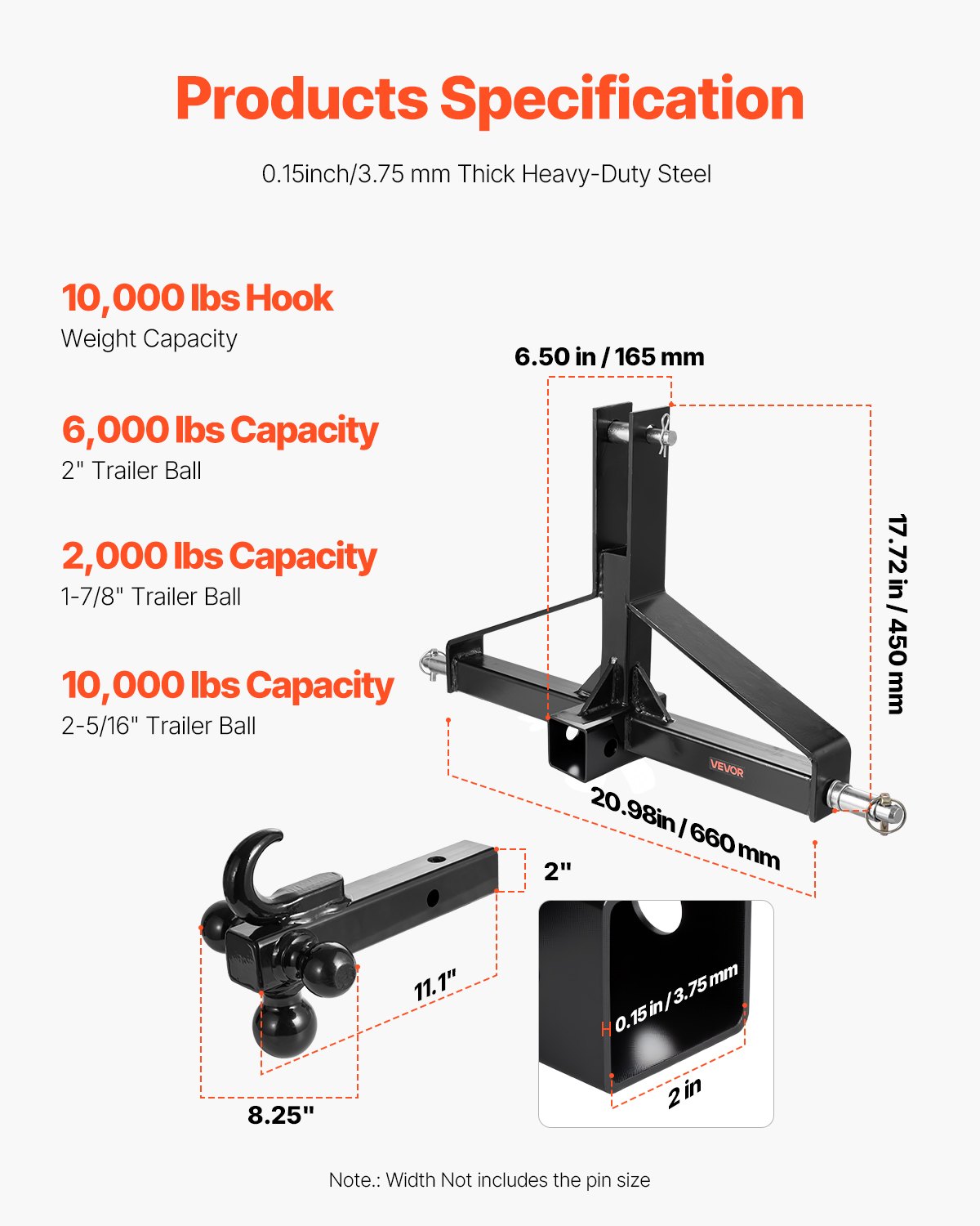 3 Point Trailer Hitch with 2 in Receiver, 3pt Quick Hitch Attachment, Heavy Duty Tractor Tow Drawbar Adapter, V952-ASJXJSQDKSXTJ54AM001V0