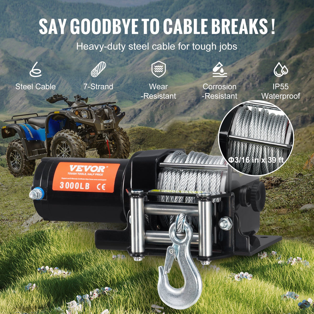 Electric Winch, 1361 kg Line Pull Capacity, 12V DC ATV/UTV Winch with 0.5 x 1188.7 cm 7 Strands Steel Cable V952-ATVGSSJPYXYK43JX7V9