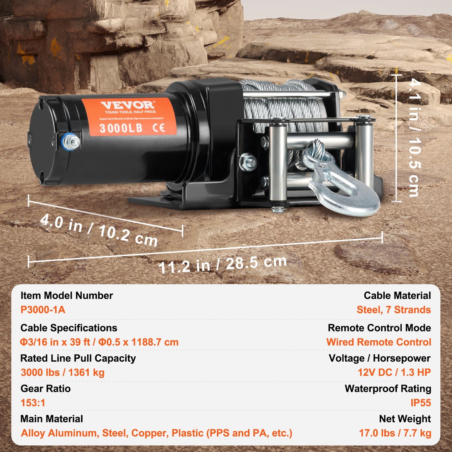 Electric Winch, 1361 kg Line Pull Capacity, 12V DC ATV/UTV Winch with 0.5 x 1188.7 cm 7 Strands Steel Cable V952-ATVGSSJPYXYK43JX7V9