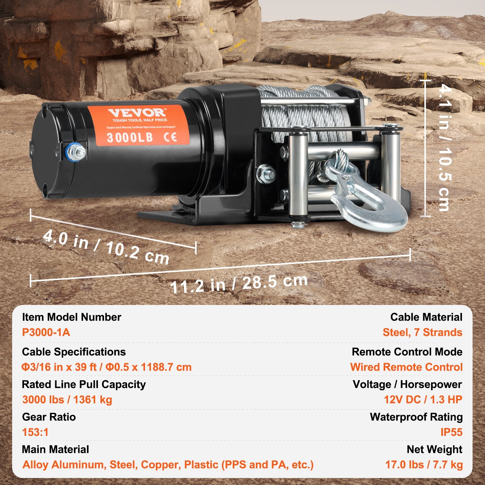 Electric Winch, 1361 kg Line Pull Capacity, 12V DC ATV/UTV Winch with 0.5 x 1188.7 cm 7 Strands Steel Cable V952-ATVGSSJPYXYK43JX7V9