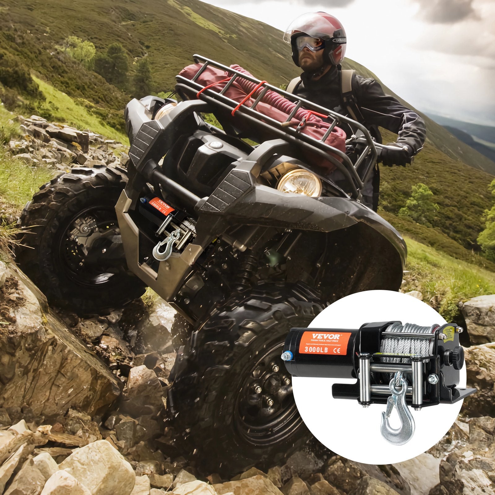 Electric Winch, 1361 kg Line Pull Capacity, 12V DC ATV/UTV Winch with 0.5 x 1188.7 cm 7 Strands Steel Cable V952-ATVGSSJPYXYK43JX7V9