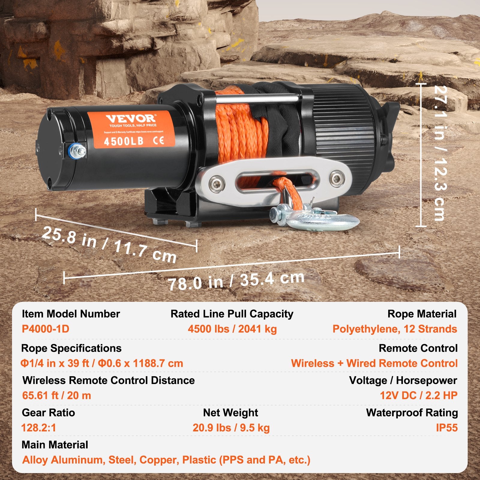 Electric Winch ATV UTV 2041 kg Synthetic Rope Waterproof Remote Control V952-ATVHCSJPYXWXMCF1OV9