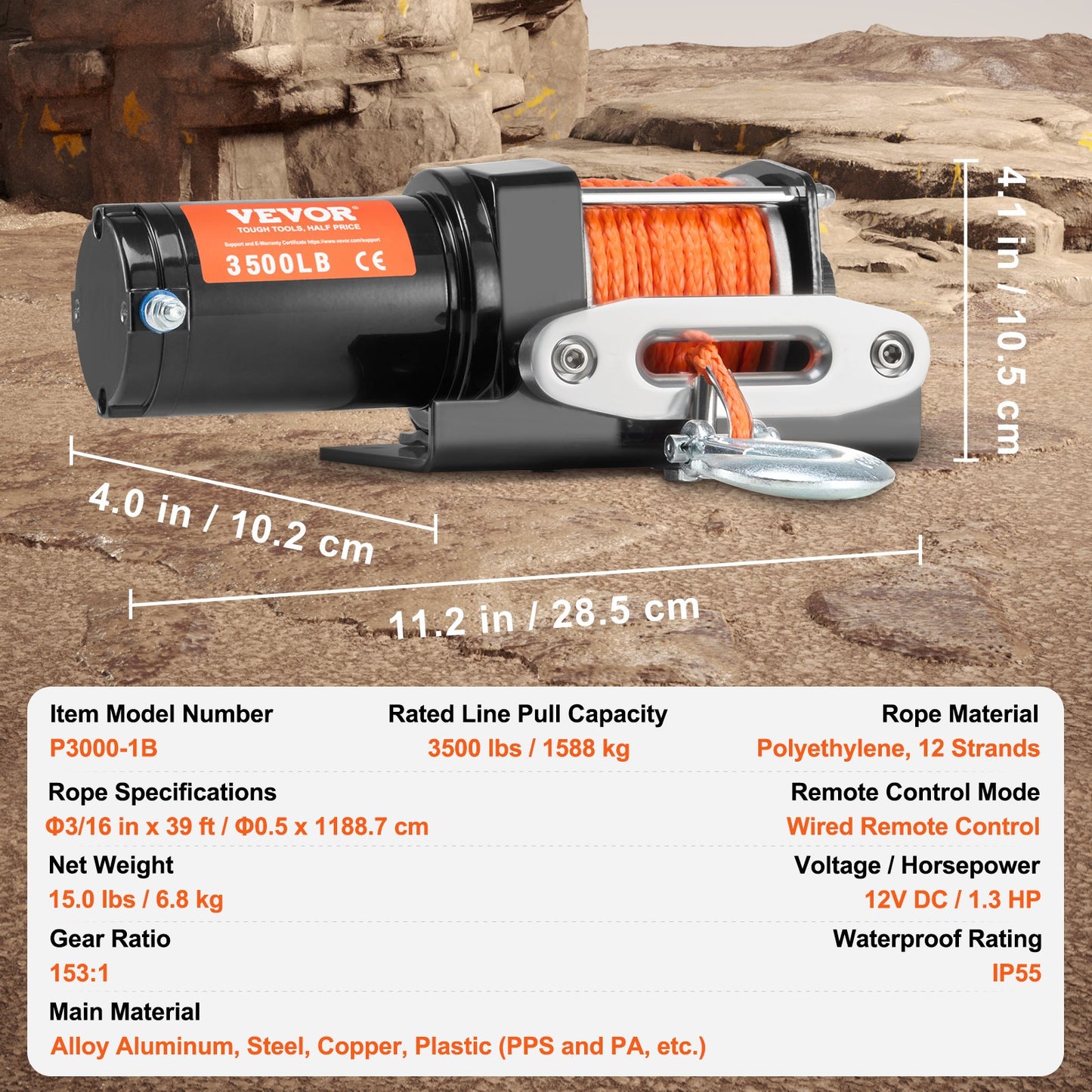 Electric Winch, 1588 kg Line Pull Capacity, 12V DC ATV Winch with 0.5 x 1188.7 cm 12 Strands Synthetic Rope V952-ATVHCSJPYXYKT38ASV9