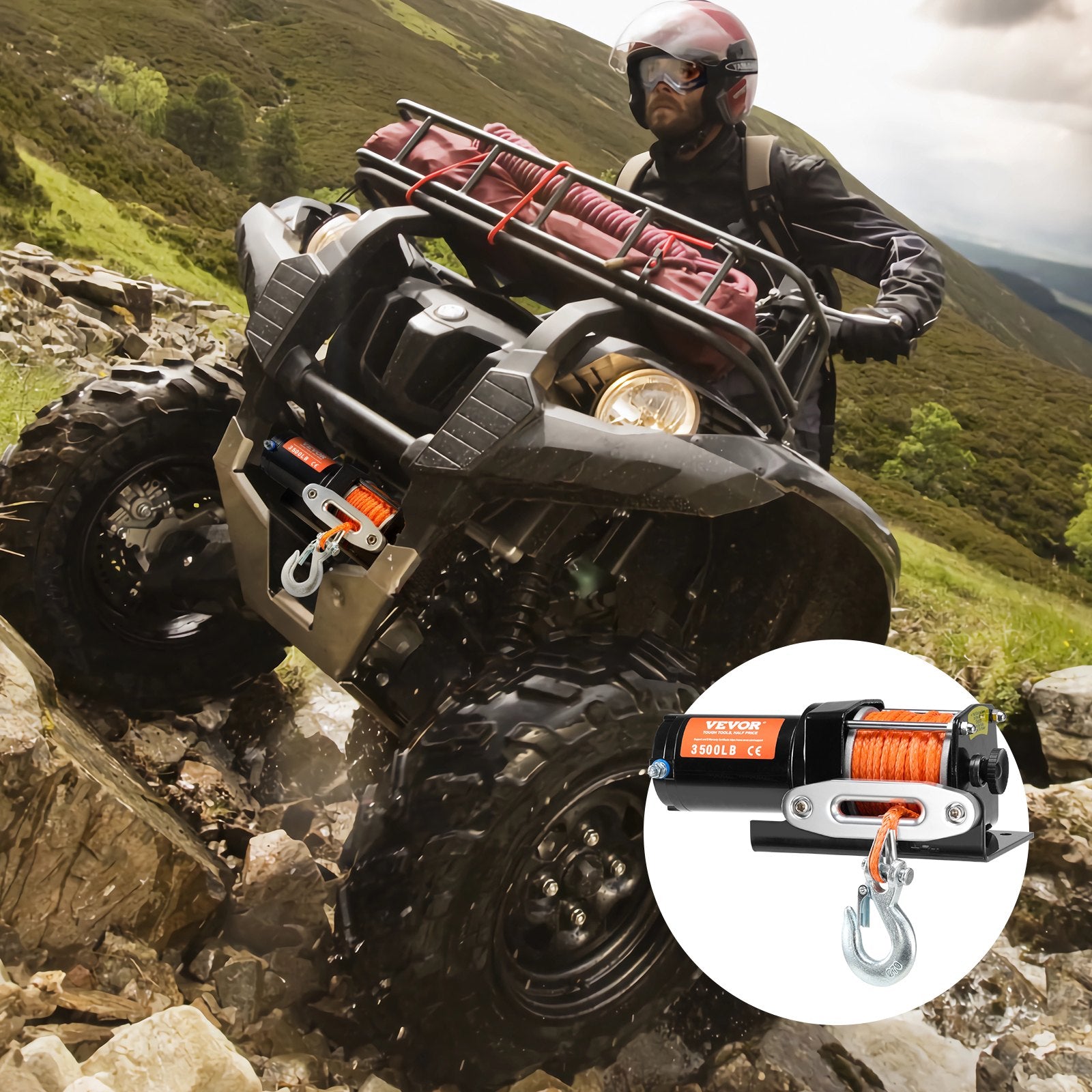 Electric Winch, 1588 kg Line Pull Capacity, 12V DC ATV Winch with 0.5 x 1188.7 cm 12 Strands Synthetic Rope V952-ATVHCSJPYXYKT38ASV9